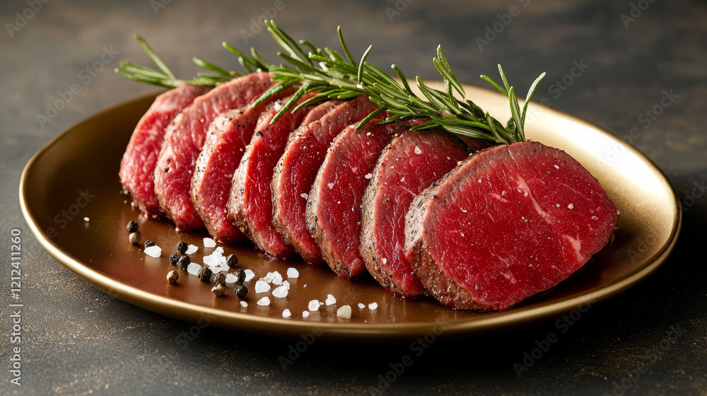 Sliced raw steaks arranged on plate, garnished with rosemary and spices, showcasing rich red color and gourmet presentation Sliced raw steaks arranged on plate, garnished with rosemary and spices, showcasing rich red color and gourmet presentation