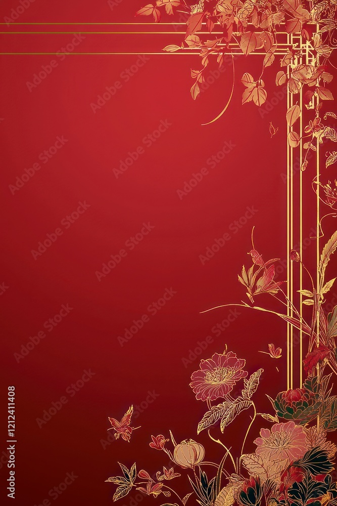 Obraz premium Elegant Minimalist Chinese New Year Border Design Featuring Gold Flowers and Red Background for Festive Celebrations and Customizable Greetings