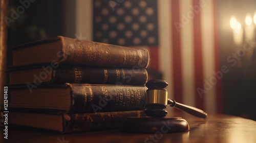Wallpaper Mural Wooden gavel on a polished desk in a courtroom with the American flag in the background, symbolizing justice and law. Torontodigital.ca