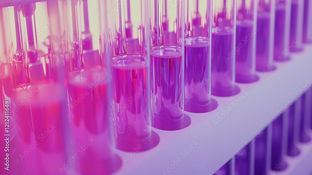 Row of colorful test tubes with pink and purple liquids, symbolizing innovation and scientific research, in a vibrant lab setting. Row of colorful test tubes with pink and purple liquids, symbolizing innovation and scientific research, in a vibrant lab setting.