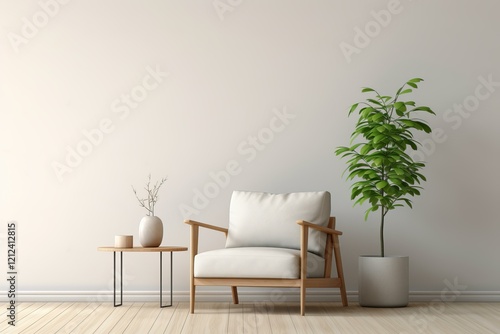 Minimalist interior design featuring an armchair  potted plant  and small table  creating a peaceful and relaxing space