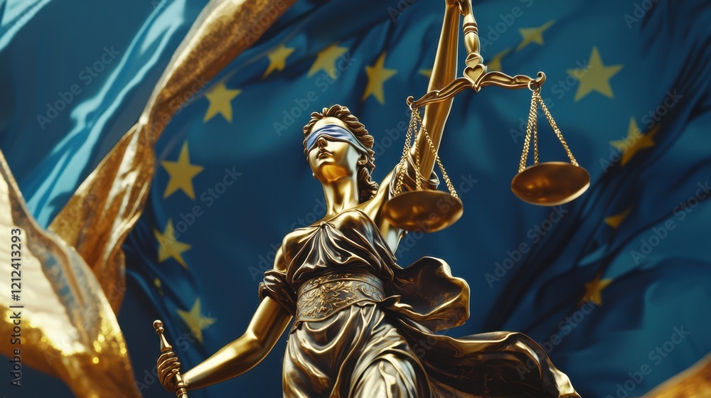Obraz premium Golden Lady Justice statue holding scales with a blindfold, set against a waving European Union flag, symbolizing fairness, justice, and European law.