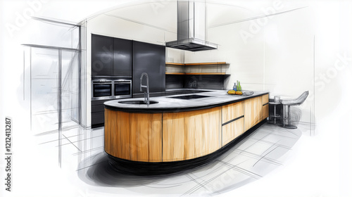 Artistic kitchen design sketch with a curved island, vertical cabinets, and open shelving combining practicality and modern design elements photo