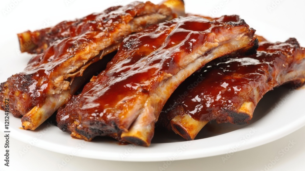 A plate of juicy barbecue ribs with a sticky barbecue glaze, Each rib’s caramelized exterior and tender meat captured with precision A plate of juicy barbecue ribs with a sticky barbecue glaze, Each rib’s caramelized exterior and tender meat captured with precision