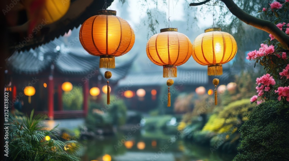 New year celebration in a serene chinese garden with lanterns and flowers New year celebration in a serene chinese garden with lanterns and flowers
