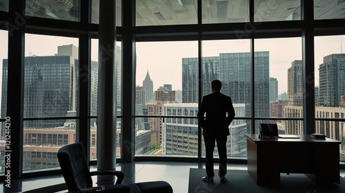 Medium shot of black businessman in suit walking towards male and female business partners and exchanging handshake in greeting before Panoramic windows on sunny day