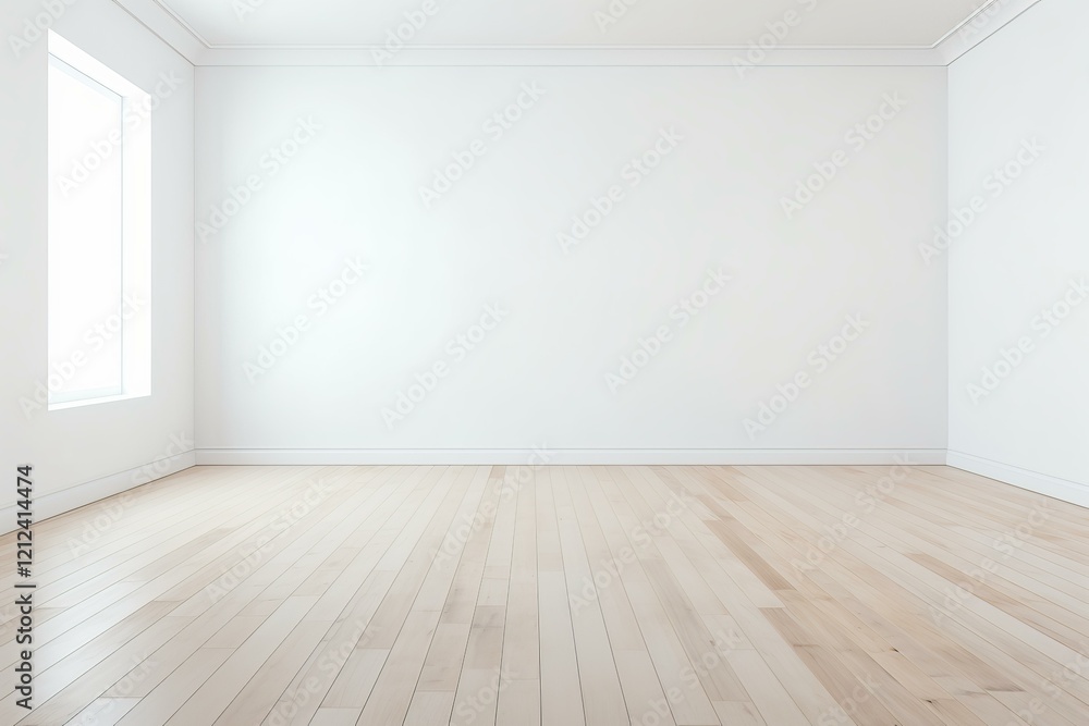 Interior of empty room with white walls, light wood floor and window letting in light Interior of empty room with white walls, light wood floor and window letting in light