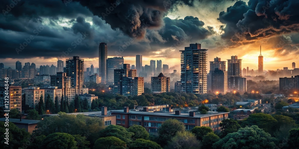 Fototapeta premium Moody cityscape at dusk with dark charcoal buildings and trees