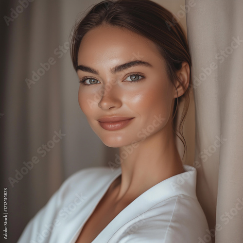 Professionelles Portrait einer jungen Frau mit gebräunter Haut im weißen Blazer, bronzefarbenes Make-up, zurückgebundene Haare und natürliches Lächeln vor hellem Hintergrund photo