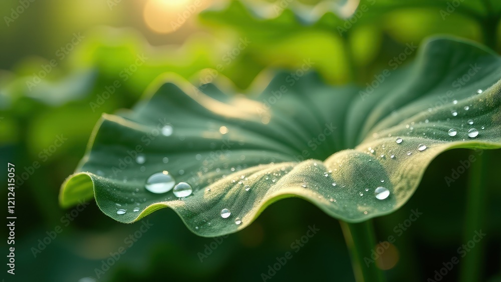 Fototapeta premium Close-up of a green leaf with water droplets in sunlight 