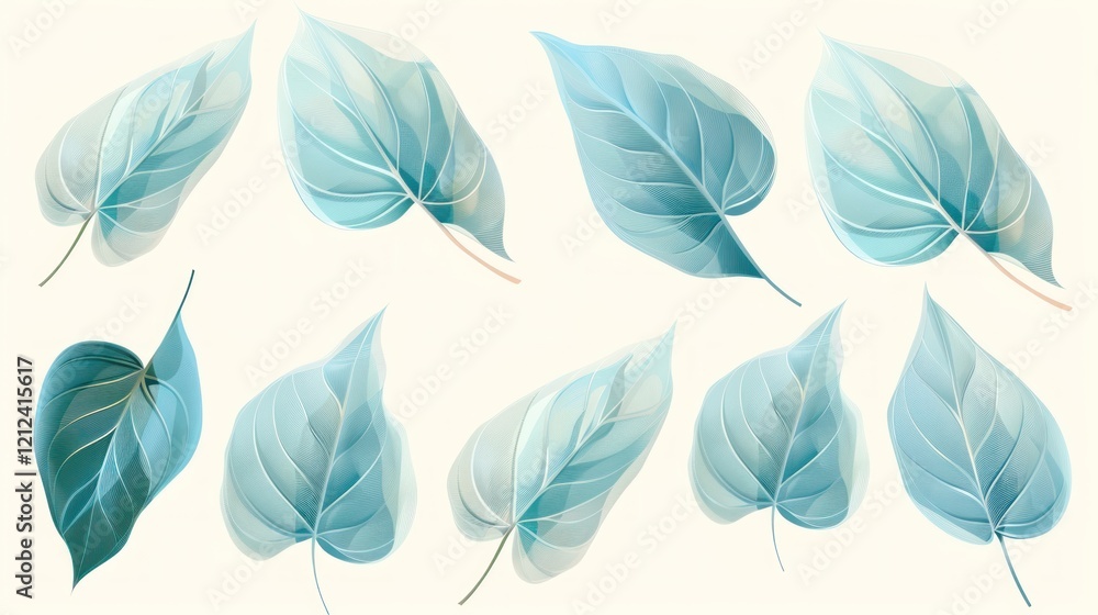 Set of Leaf Illustrations in Light Blue with Beautiful Veins for Use in Design and Nature-Themed Projects Set of Leaf Illustrations in Light Blue with Beautiful Veins for Use in Design and Nature-Themed Projects
