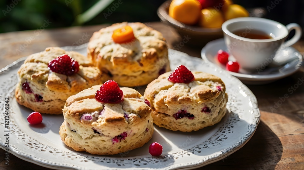 Delicious homemade cranberry scones with tea & fresh raspberries fruits, traditional British baked sweet meal Delicious homemade cranberry scones with tea & fresh raspberries fruits, traditional British baked sweet meal