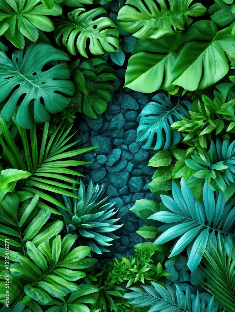 custom made wallpaper toronto digitalA vibrant arrangement of lush green leaves and tropical plants surrounding a tranquil stone pathway.