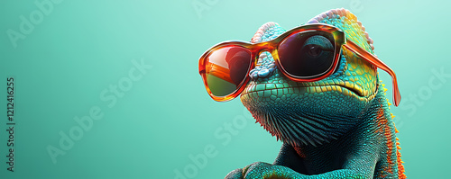 a chameleon wearing sunglasses on an isolated green background with copy space photo