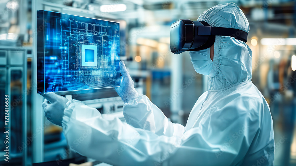 Engineer in Sterile Coverall Uses AR Headset to View Holographic Silicon Microchip Model in Manufacturing Plant Engineer in Sterile Coverall Uses AR Headset to View Holographic Silicon Microchip Model in Manufacturing Plant
