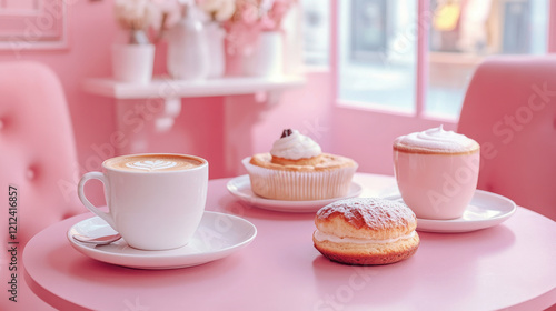 cozy coffee shop setting featuring white cup of coffee, cupcake, pink dessert, and sweet pastry on pink table. atmosphere is warm and inviting