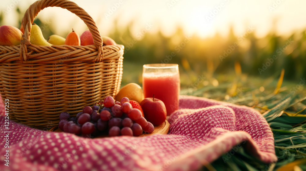 Cozy Picnic Setup with Fresh Fruits, Juice, and a Warm Sunset Background in a Field Cozy Picnic Setup with Fresh Fruits, Juice, and a Warm Sunset Background in a Field