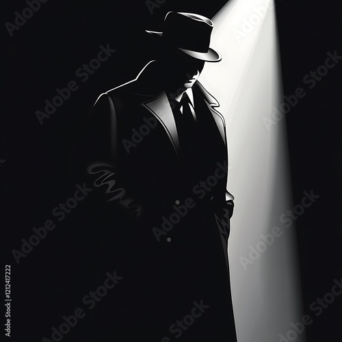 Man in dark coat, spotlight, mystery, urban scene, possible use stock photo photo