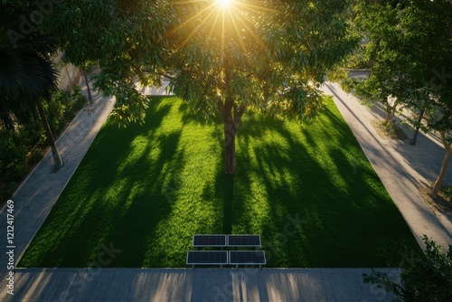 A sunlit park scene with a large tree casting shadows on the vibrant green grass, surrounded by pathways and foliage. photo