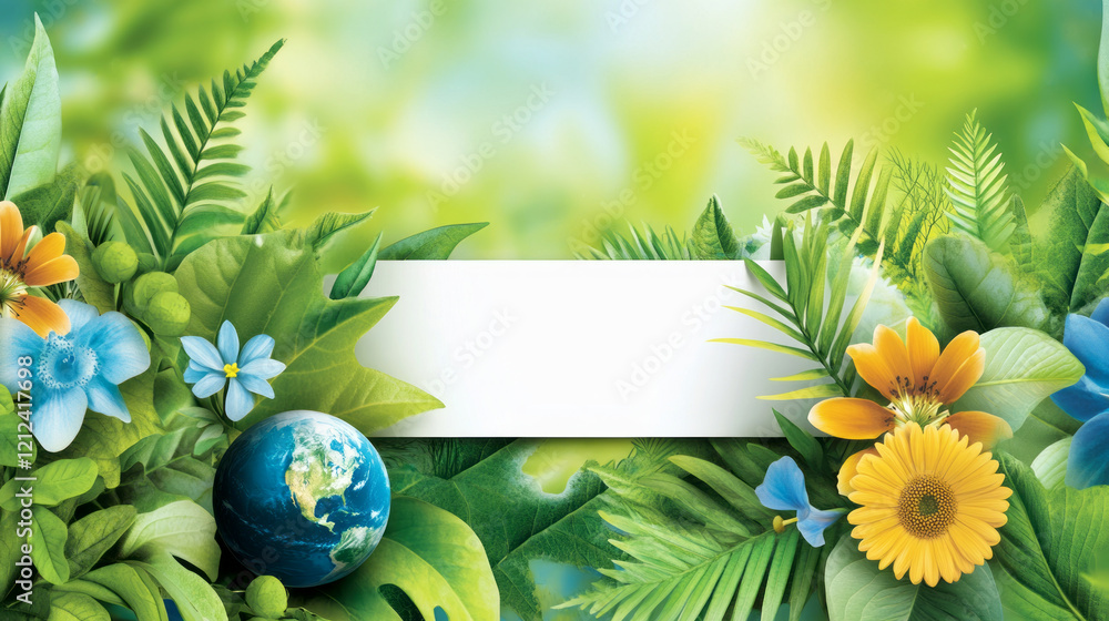 Vibrant Tropical Plant Background with Earth and Blank Space for Text or Branding Vibrant Tropical Plant Background with Earth and Blank Space for Text or Branding