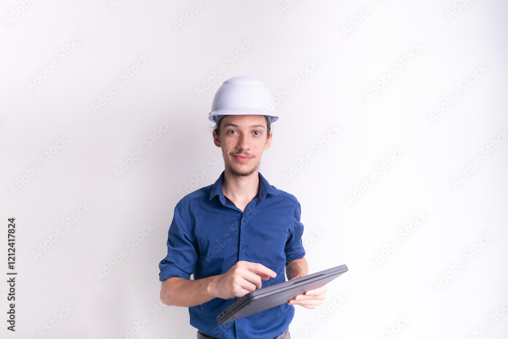 Young architect wearing white helmet and luminous vest, holding a laptop and looking at the camera. Isolated on white background. Young architect wearing white helmet and luminous vest, holding a laptop and looking at the camera. Isolated on white background.