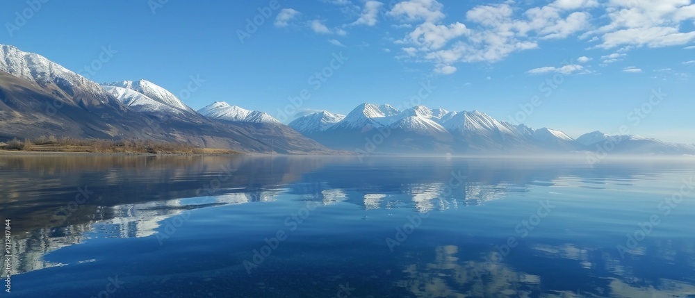 Photo of a mountain lake with reflection of snowy peaks and clouds. Great for desktop backgrounds, presentations and eco-product packaging design. Photo of a mountain lake with reflection of snowy peaks and clouds. Great for desktop backgrounds, presentations and eco-product packaging design.