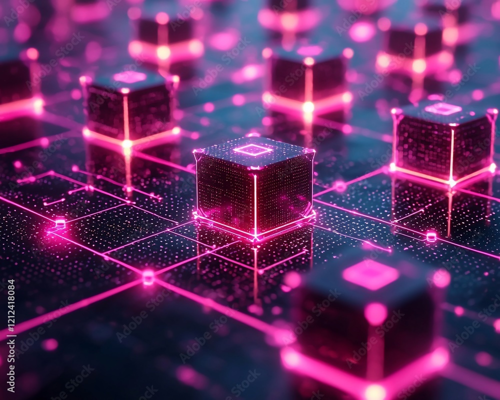 Fototapeta premium Glowing pink cubes connected on a digital network.
