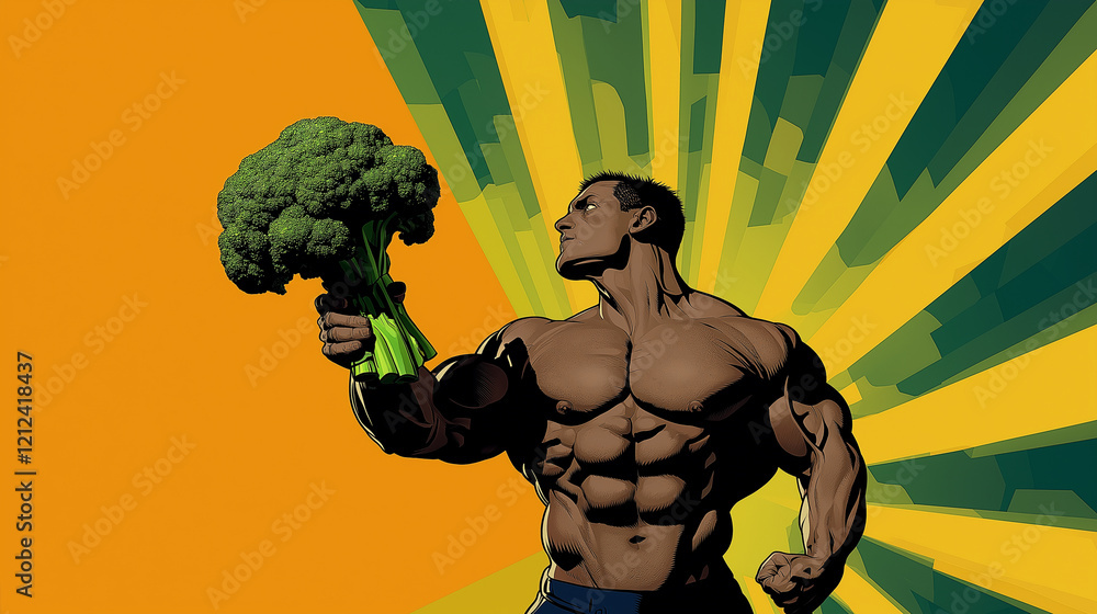 A dynamic pop art image of a muscular figure with broccoli in hand, posed heroically against a backdrop of vibrant stripes and comic-style graphics A dynamic pop art image of a muscular figure with broccoli in hand, posed heroically against a backdrop of vibrant stripes and comic-style graphics
