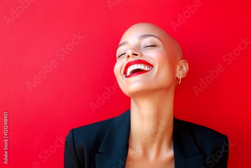 Short trim - bald head - no hair. Commercial ad conceptual art. Lovely happy mixed-race girl - for ads, ad page and social media use. African woman portrait photo. Colored woman ad photo. photo