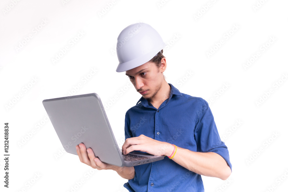 Portrait of young architect wearing white helmet, working with laptop. Isolated on white background. Portrait of young architect wearing white helmet, working with laptop. Isolated on white background.