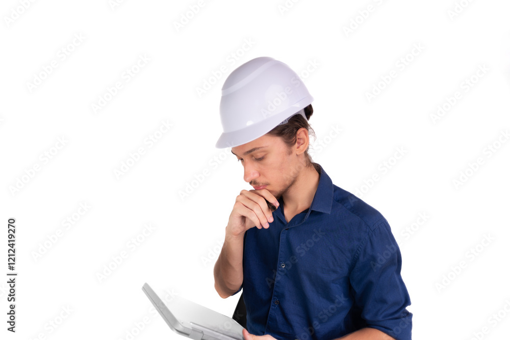 Young architect wearing white helmet, sitting, working with tablet. Isolated on white background. Young architect wearing white helmet, sitting, working with tablet. Isolated on white background.