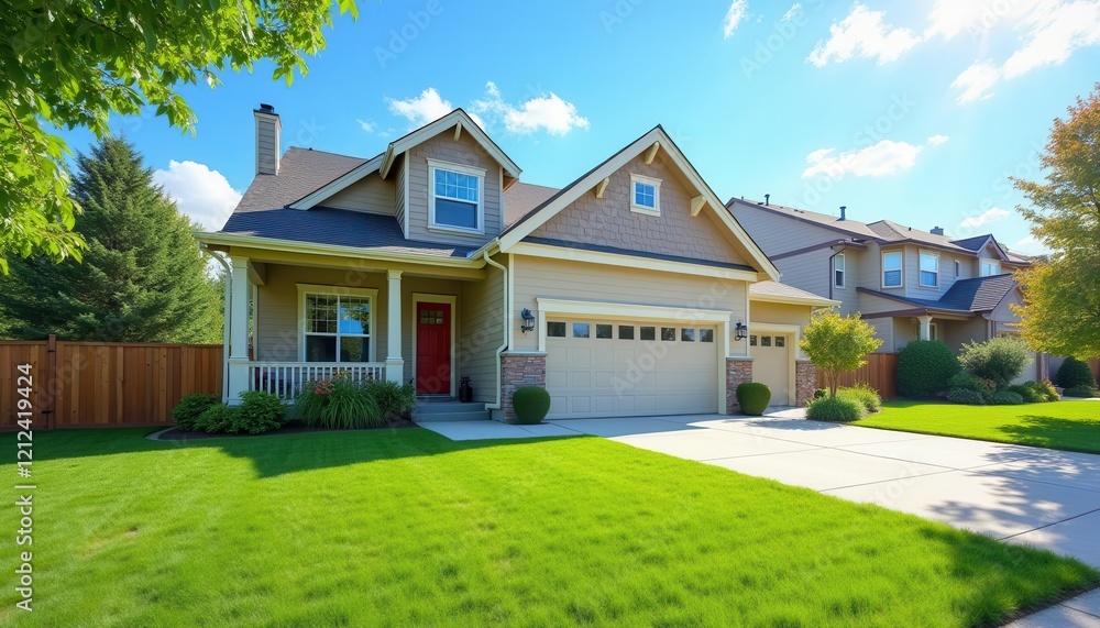 Beautiful suburban house with landscaped lawn, trees, and blue sky on a sunny day Beautiful suburban house with landscaped lawn, trees, and blue sky on a sunny day