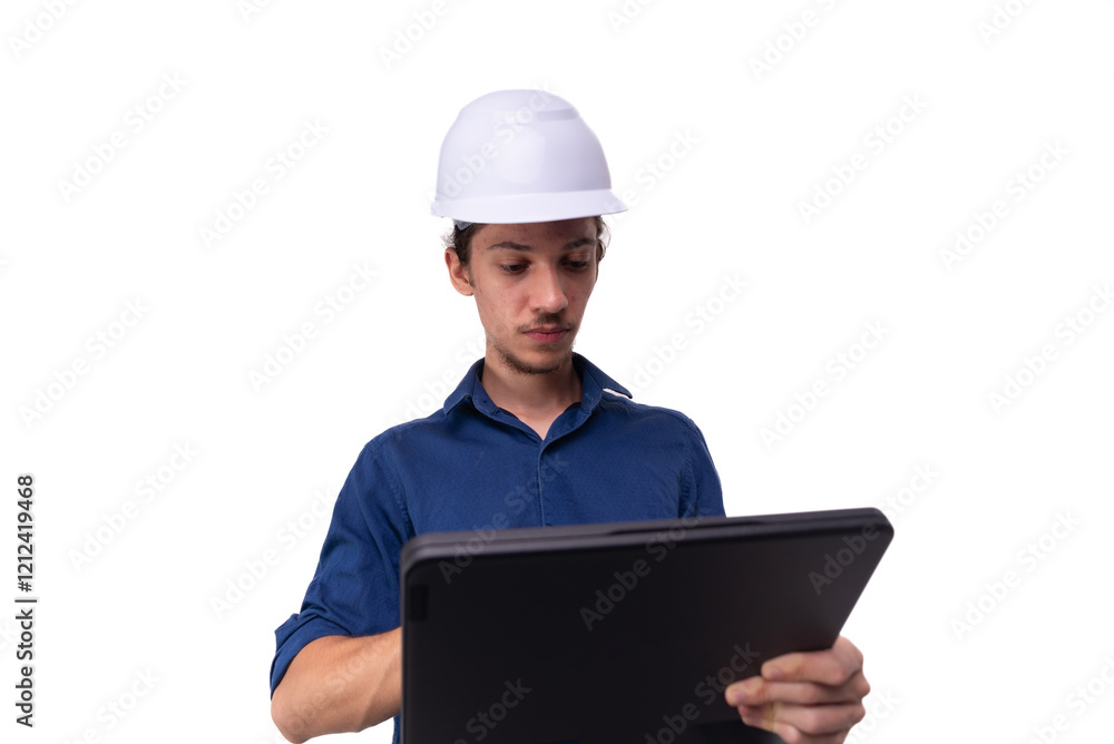 Portrait of young architect wearing white helmet, working with tablet. Isolated on white background. Portrait of young architect wearing white helmet, working with tablet. Isolated on white background.