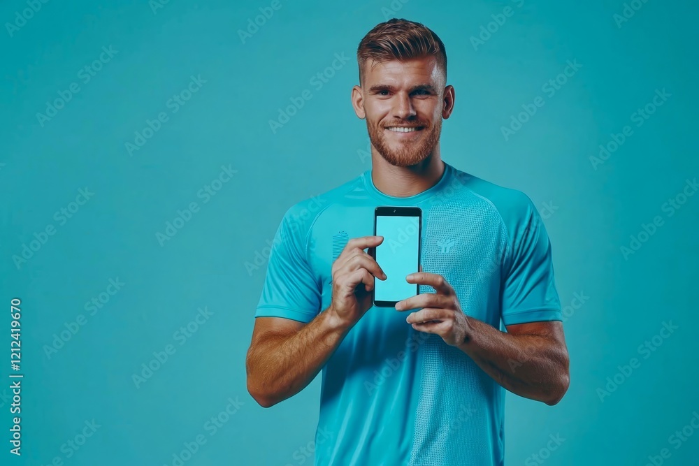 Handsome man showing smartphone in hand on light blue background. Handsome man showing smartphone in hand on light blue background.