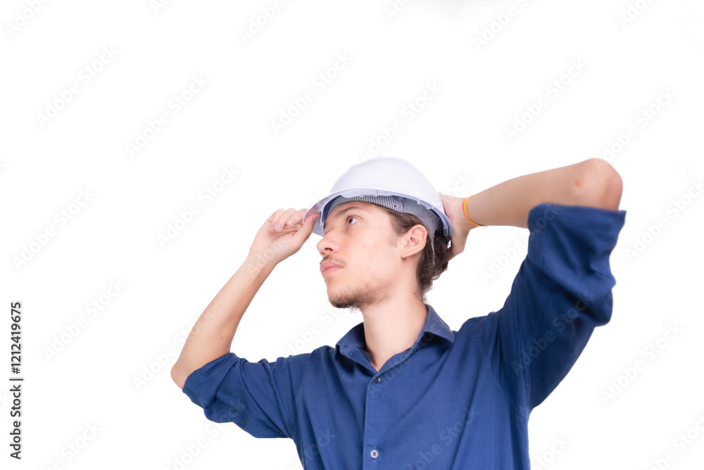 Studio portrait of young architect adjusting white helmet on head. Isolated on white background. Studio portrait of young architect adjusting white helmet on head. Isolated on white background.