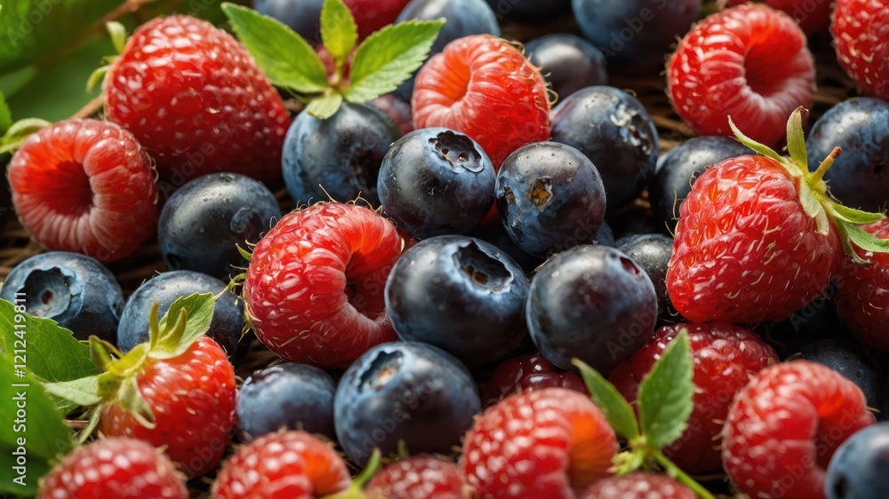 A vibrant assortment of fresh raspberries and blueberries with green leaves. A vibrant assortment of fresh raspberries and blueberries with green leaves.