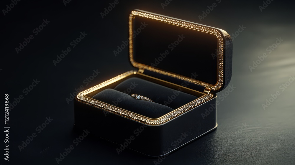 Open luxurious ring box with black velvet and gold trim, spotlighted to highlight its opulence Open luxurious ring box with black velvet and gold trim, spotlighted to highlight its opulence