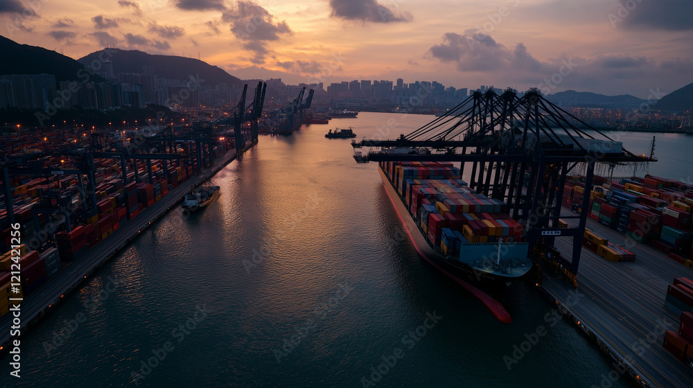 Obraz premium A container ship docked at a bustling port, surrounded by towering cranes lifting colorful containers, symbolizing the efficiency of global trade and logistics