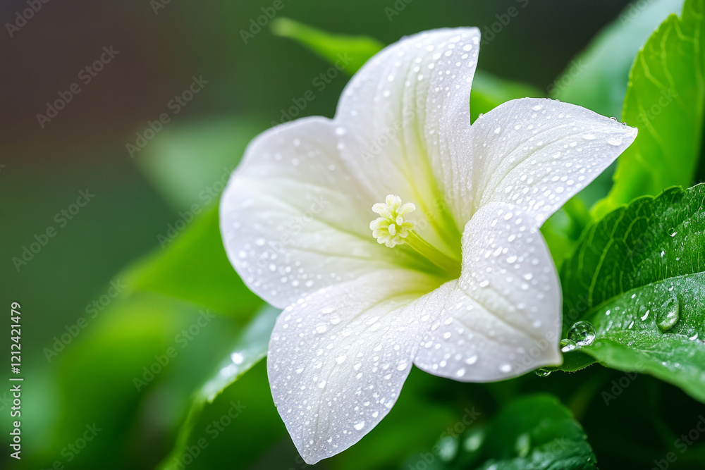 Delicate White Flower with Dew Drops on Green Leaves in Soft Natural Background Delicate White Flower with Dew Drops on Green Leaves in Soft Natural Background