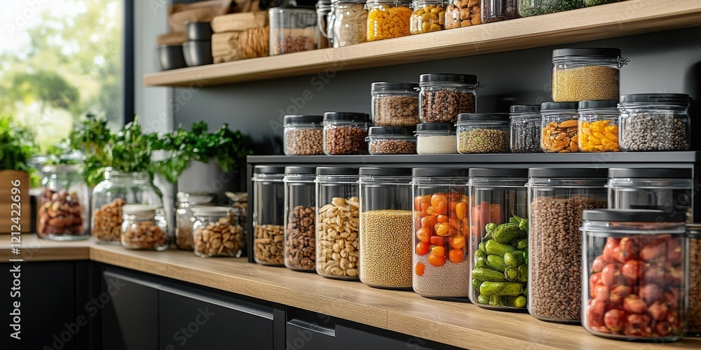 Organizing a modern pantry with space-saving containers in a contemporary kitchen showcasing storage solutions natural light and minimalist style
