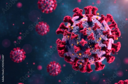 Close-up 3D rendering of a coronavirus particle with red spike proteins and a textured surface on a dark background photo