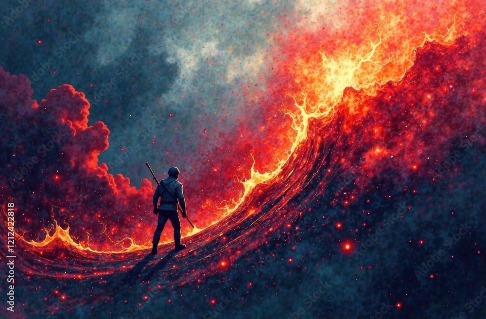Fototapeta premium Silhouetted adventurer standing before a massive fiery wave with glowing embers and dramatic smoke-filled skies