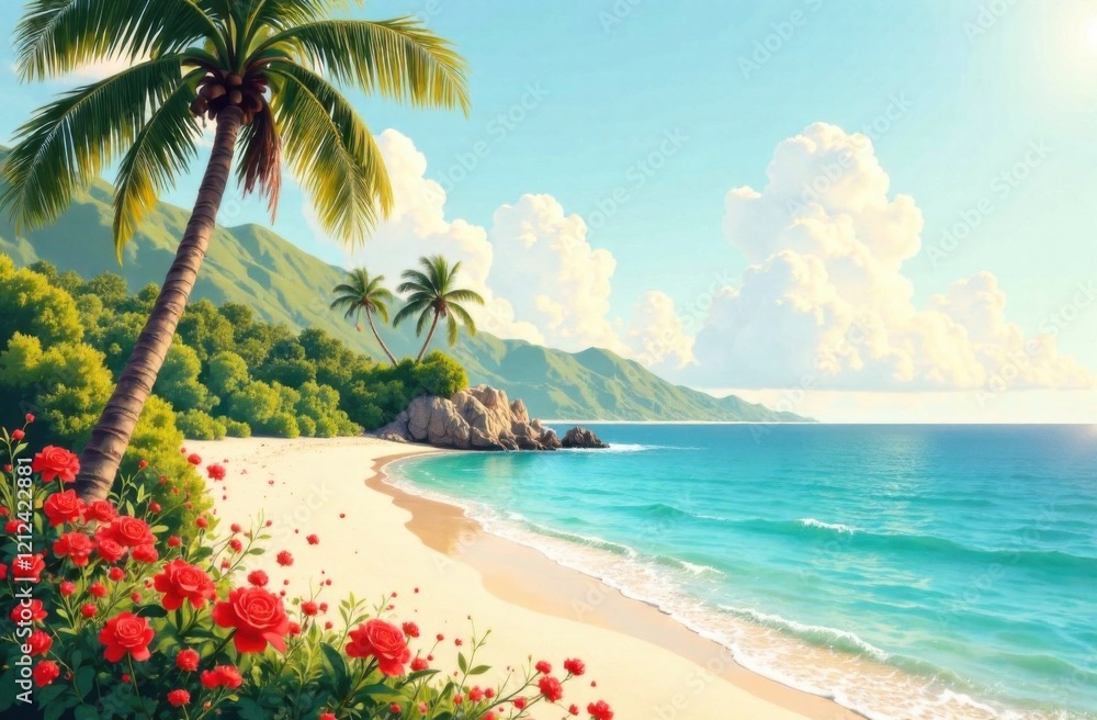 Tropical beach with a palm tree, blooming pink roses, turquoise ocean waves, and a sailboat under a bright blue sky with fluffy clouds