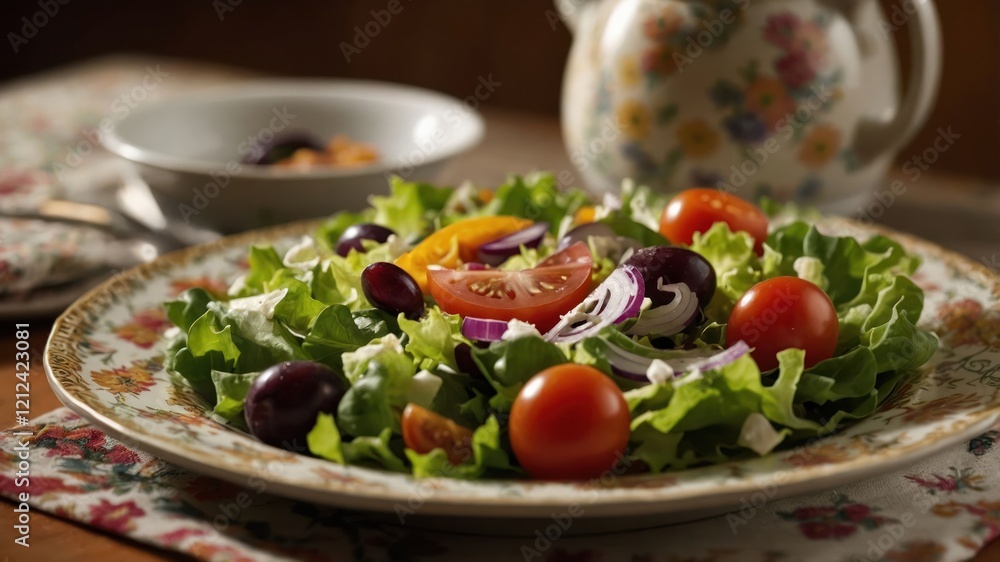 A vibrant salad with fresh greens, tomatoes, and olives on a decorative plate. A vibrant salad with fresh greens, tomatoes, and olives on a decorative plate.