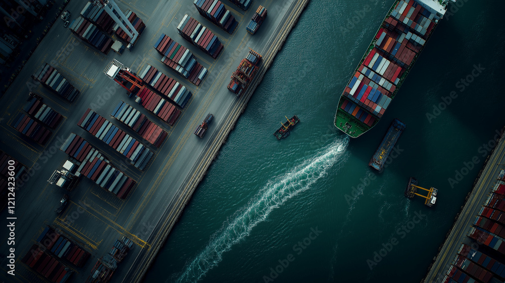 Fototapeta premium A birdâÂÂs-eye view of a port with rows of cargo containers, cranes unloading ships, and trucks transporting goods, showcasing the seamless flow of intermodal transport