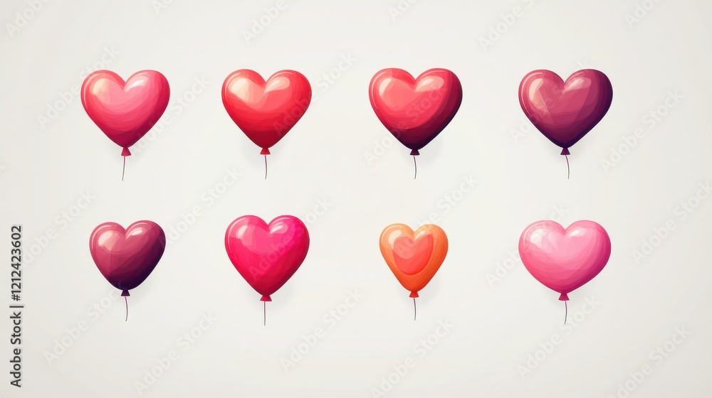 Floating heart-shaped balloons digital art vibrant colors white background romantic concept Floating heart-shaped balloons digital art vibrant colors white background romantic concept