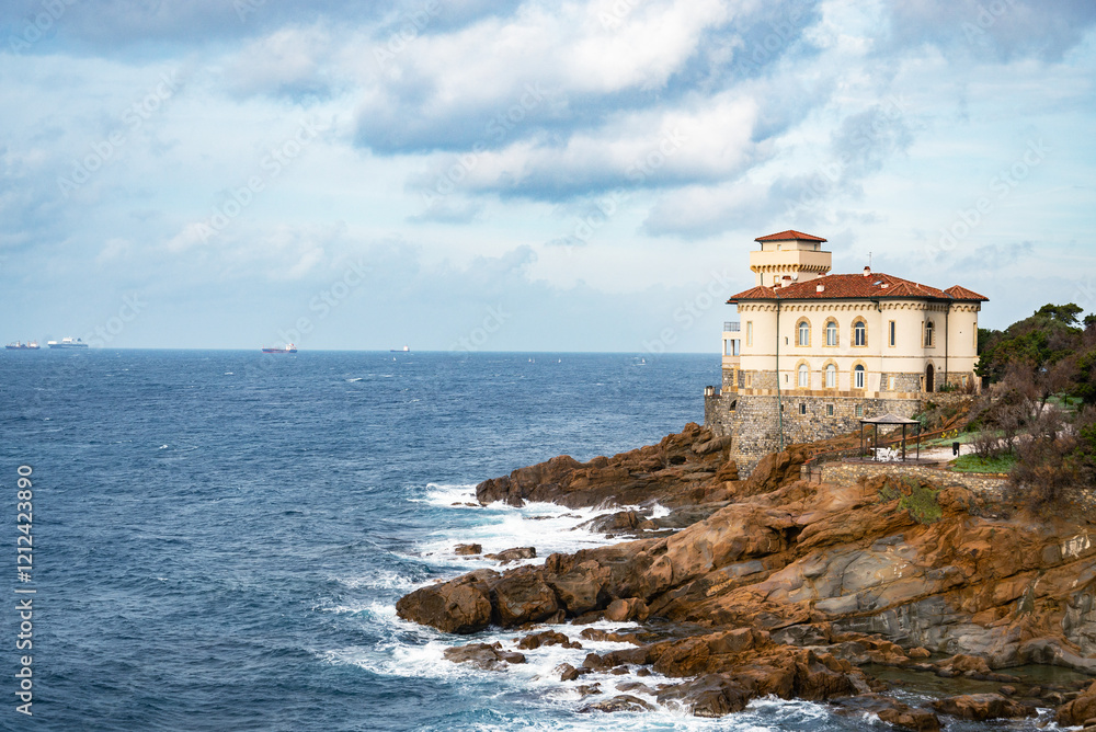 Boccale castle and the sandstone rocks of Romito during a winter season. Livorno, Tuscany region, Italy, Europe Boccale castle and the sandstone rocks of Romito during a winter season. Livorno, Tuscany region, Italy, Europe