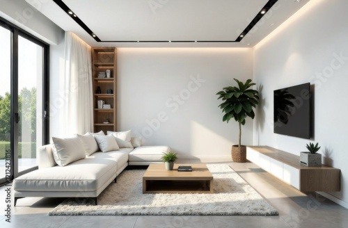 Modern living room with white sofas, a minimalist coffee table, indoor plants, and large windows letting in natural light, featuring neutral tones and wooden accents