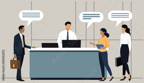 Reception and helpdesk scene featuring business professionals engaging with support staff. Ideal for hospitality, customer service, and workplace communication visuals.