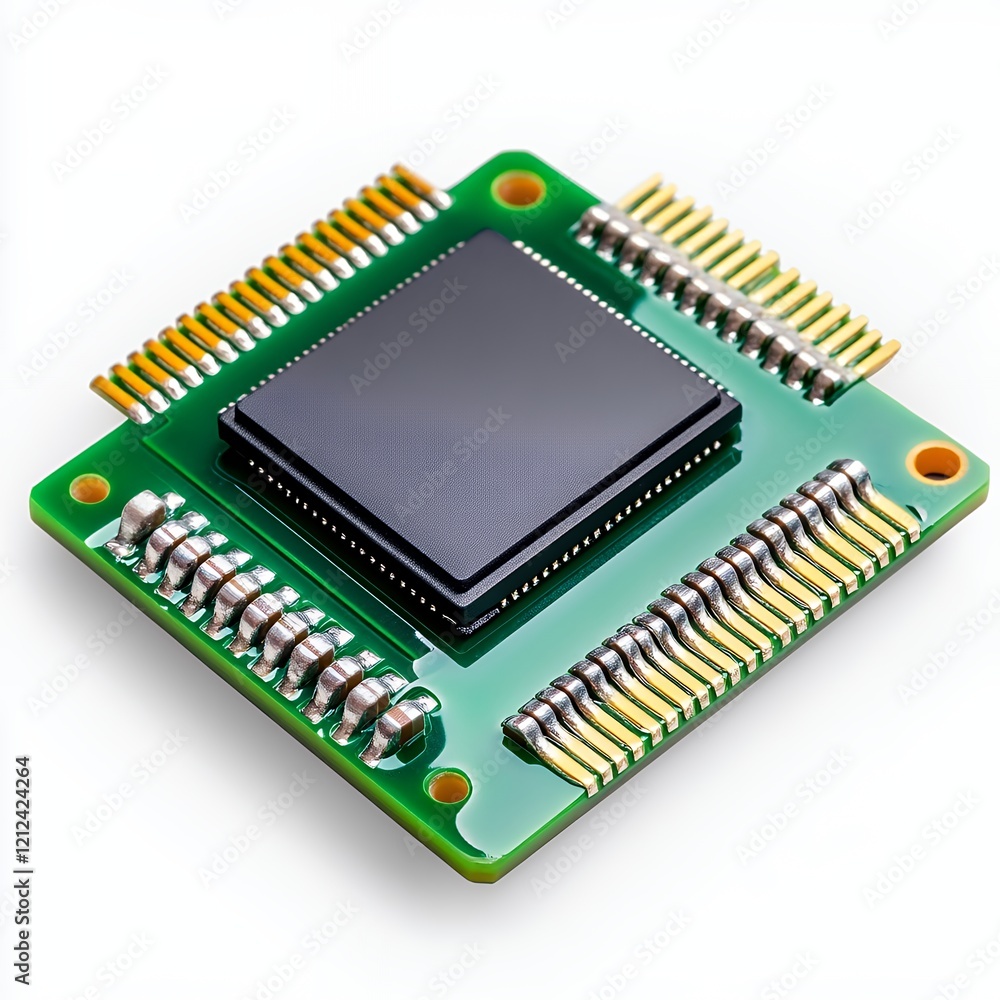 Close-Up View of a Modern Microchip on a Green Circuit Board Close-Up View of a Modern Microchip on a Green Circuit Board